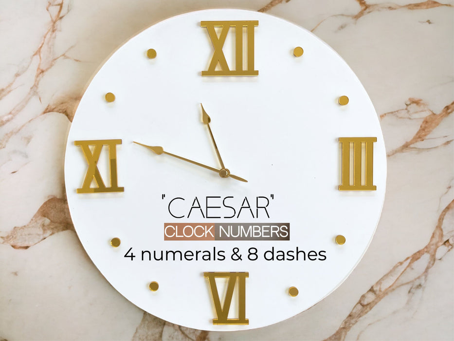 Clock numbers (numerals) Roman Caesar, Design #3 (4pcs. + 8 round dashes)